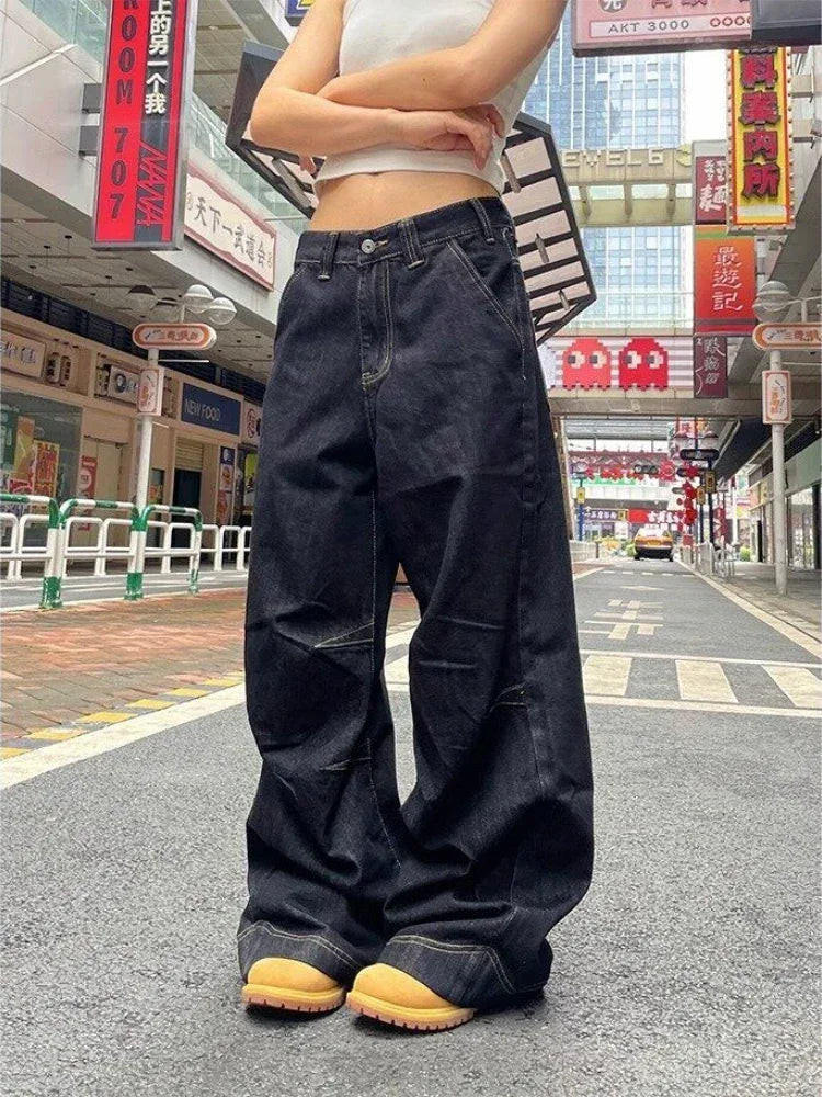 Aiertu - Grunge Black Jeans Women Y2k Vintage Oversized High Street Wide Cargo Denim Trousers Casual Baggy Straight Denim Pants Aiertu