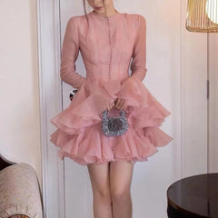 Aiertu - Women Irregular Pleated Patchwork Dress Fashion Long Flare Sleeve Waist Cinching Mini Dresses 2025 New Ruffles Slim Party Dress Aiertu