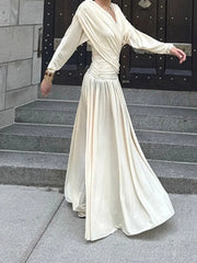 Aiertu - New Elegant V-neck Cross Draped Pleated Maxi Dress Women Chic Backless Long Sleeve Party Robes Female Fashion Evening Gowns Aiertu