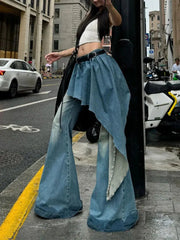 Aiertu - Y2K European and American Retro Washed Design Splicing Fake Two-piece Blue Jeans Women's Popular Loose Sexy Bell-bottom Pants Aiertu