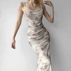 Aiertu - Floral Print Slit Mesh Maxi Dress Aiertu