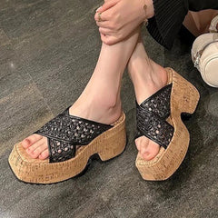 Aiertu - Mesh Women Slippers Platform High Heels Sandals Square Toe Shoes Summer Brand Beach Shoes Elegant Dress Pumps Mujer Slides Aiertu