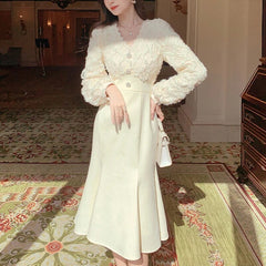 Aiertu Long White Dress Women French Vintage V-neck Lace Slim Y2K Dress Spring Korean One Piece Casual Evening Party Dress Aiertu