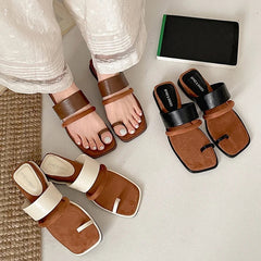 Aiertu - Summer Korean Style Flat Slippers New Square Head Lady Slippers Casual Outdoor Soft Non-slip One-word Cool Women Slippers Aiertu