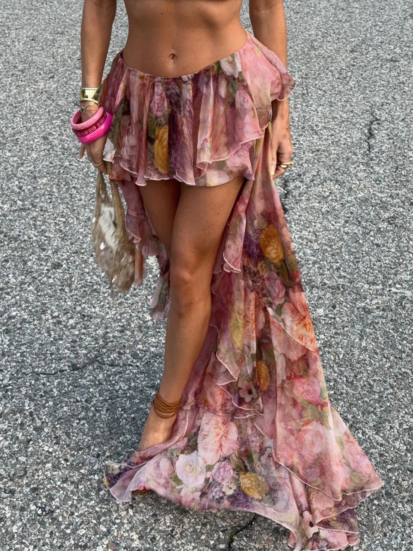 Aiertu - summer inspo Hot Beach Boho Floral Print Chiffon Ruffled Skirt Women Asymmetrical Dipped Hem Pink Romantic Elegant Sexy Vacation Skirts Aiertu