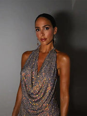 Aiertu - Sexy Halter Backless Shining Glitter Party Dress Off Shoulder Sleeveless Dangling Neck Mini Dress Lady Club Evening Vestidos Aiertu