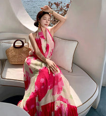 Aiertu - Rose Red Halter Neck Backless Long Dress for Women's Summer Seaside Vacation Style Colorful Printed A-line Dress Female Clothes Aiertu