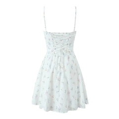 Aiertu - Floral Print Fishbone Slim Sling Mini Dress For Women Sexy Thin Straps Low Waist Holiday Party Summer Dresses Lace Up Back Robe Aiertu