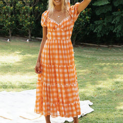 Aiertu - Short Puff Sleeves Lace-Up Dress Aiertu