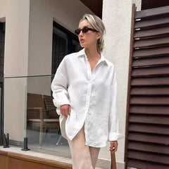 Aiertu - Commuter Casual 100% Cotton Women Shirts Solid Loose Lapel Long-sleeved Shirt With Button Simple Top Ladies Clothes Streetwear Aiertu