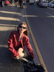 Aiertu - Vintage Red Women Faux Leather Jackets Zipper Chic Long Sleeve Casual Cropped Coat New High Street Fashion Outerwear Aiertu