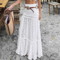 Aiertu - Solid Spliced Belts Loose Skirts for Women High Waist Spliced Folds Elegant Temperament Skirts Female Aiertu