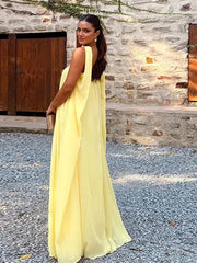 Aiertu - Elegant Off Shoulder Maxi Dresses For Women Chic Loose Yellow Sleeveless Scarf Collar Female Robes Pleated Party Lady Vestidos Aiertu