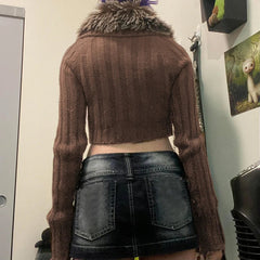Aiertu - Y2K Brown Buttons Crop Sweater with Detachable Fur Collar Autumn Vintage 2000s Knitted Cardigan Slim Winter Outfits Aiertu