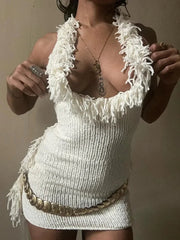 PICSGIRL - party look snspos Fashion Halter Knitted Mini Dresses for Women Lace-up Backless Tassel Sweater Dress Lace-up Sleeveless Beach Vacation Vestidos Aiertu