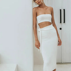 Aiertu - Y2K Women Wrap Hip Lace Up Knitwears Dress Fashion Knitted Strapless Dress Cut Out Bandage Bodycon Midi Slit Tube Top Dresses Aiertu