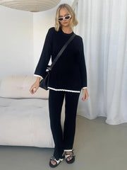 Aiertu - 2026 Autumn Ruffle Basic Knitted Pants Set Round Neck Long Sleeves Top Wide Leg Trousers Suits Female 2026 Casual Office Outfits Aiertu