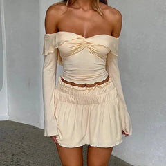 Aiertu - Neck Sexy Two Piece Set Long Sleeves Crop Top Mini Skirt Women Set Party Summer Autumn 2 Piece Set Women Aiertu