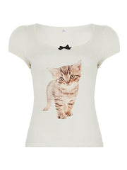 Aiertu - Cat Print Bow U Neck Tee Aiertu