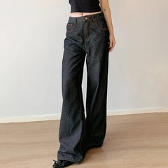 Aiertu - Y2K Contrast Stitch Black Straight Jeans Vintage Embroidery Pockets Back Harajuku Vintage Loose Denim Pants Grunge Aiertu