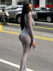 Aiertu - See Through Mesh Sexy Jumpsuit Women Bow Splice Long Sleeve Bodycon One Piece Hot Girl Party Sexy Club Overalls For Woman Aiertu