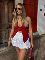 Aiertu - Sexy Knitted 3D Flower Halter Vest Women Solid Hallow Out V-neck Sleeveless Female Tank 2026 Summer Slim Fashion Lady Tops Aiertu