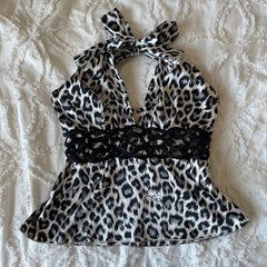 Aiertu - Y2k Tops Camis Women Clothing Leopard Punk Sexy Sling Lace Aesthetic Crop Top Baby Tee Slim Gothic Backless Femme Grunge T shirt Aiertu