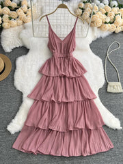 Aiertu - Travel Vacation Beach Dress Women's Solid Color Halter Pleated Cake Dress Aiertu