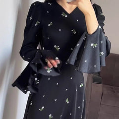 Aiertu - Literary Retro Style Women's Black Floral Dress V Neck Long Flare Sleeved High Waist Ruffles Casual Elegant Long Dress Aiertu