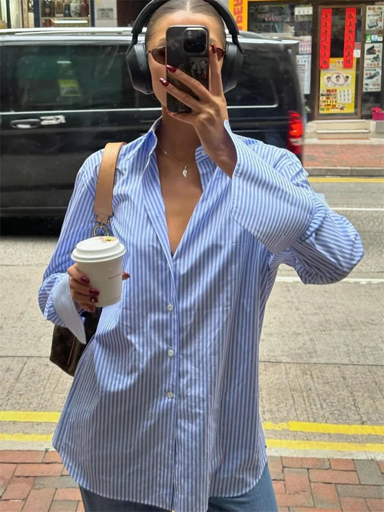 Aiertu Casual Streetwear Loose Blouses for Women Striped Print Turn-down Neck Shirts Button Up 90s Fashion Chic Outfits Aiertu