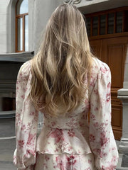 Aiertu - Lace Print Shirt Top Half Skirt Two Piece Set Flared Sleeve V-Neck Ruffled Waist Cinched Women Blouse High Waist Long Skirts New Aiertu