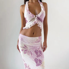 Aiertu - Print Halter Vest Crop Tops Skirt 2 Pieces Sets For Women Sexy Mesh Flower Lace-up Vest Crop Tops And Long Skirt Sets Aiertu