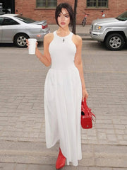 Aiertu - Fashion O-neck Sleeveless Long Tank Dresses for Women White 2026 Summer Casual Office Lady High Waist A-line Black Holiday Dress Aiertu
