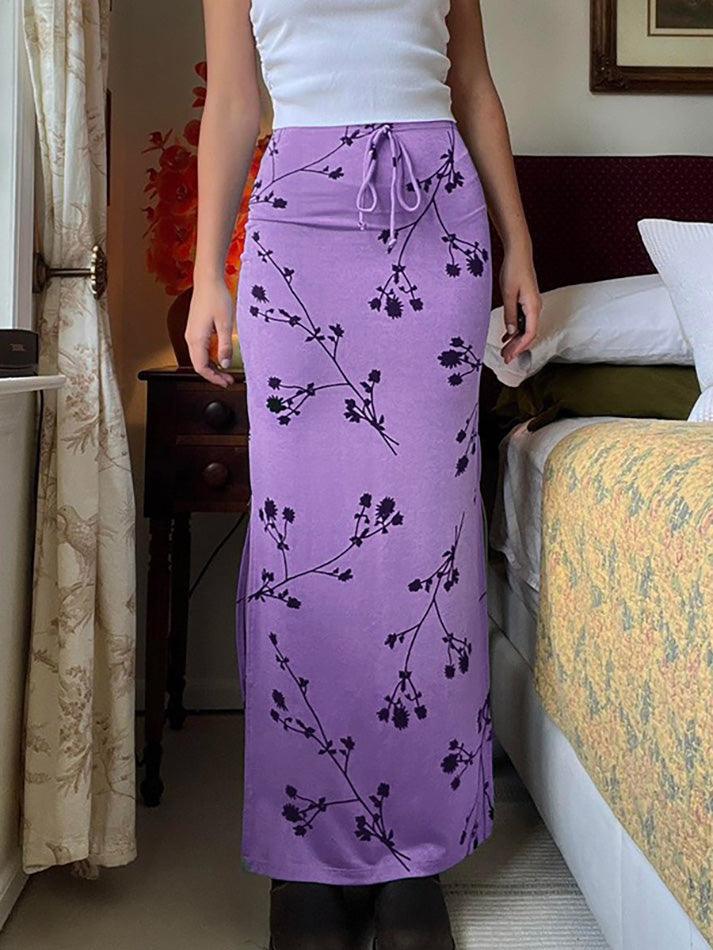 Aiertu -Floral Print Bow Tie Slit Midi Skirt aiertu