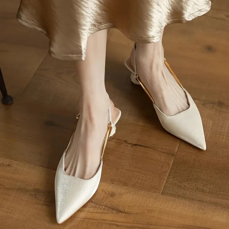 Aiertu - French Satin Style Sandals 2025 Spring Women New Baotou Mid Heel Design Luxury Pointed Versatile Single Shoes Aiertu