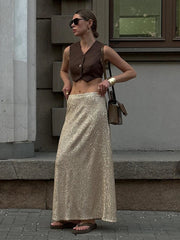 Aiertu - Elegant Silk Sequins Women Skirt Dropped Waist Long Skirts Streetwear Classic Skirt Fashion Female Clothing Aiertu