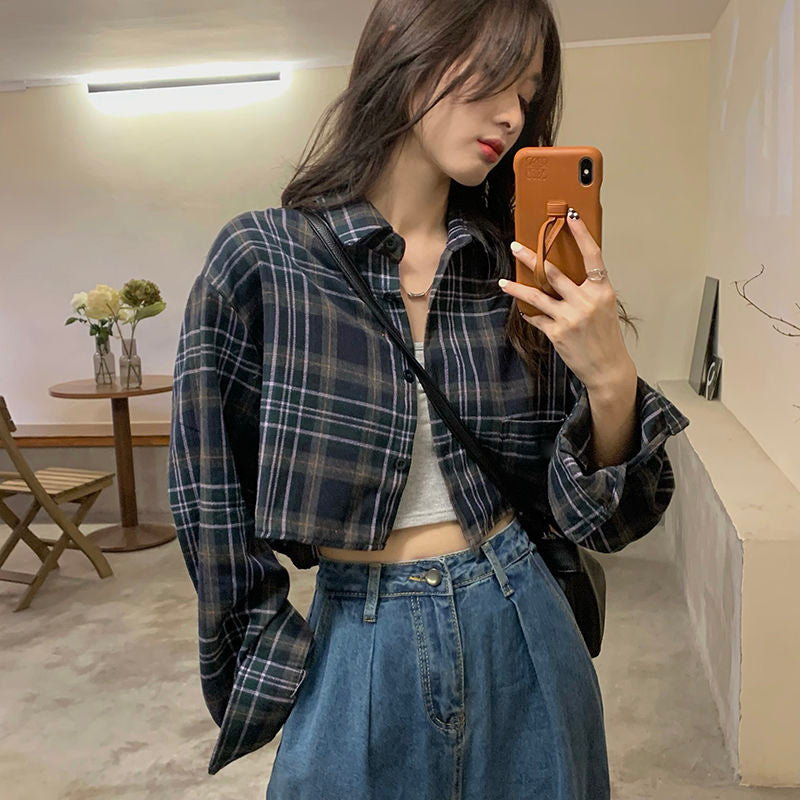 Aiertu Harajuku Crop Plaid Shirts Women Vintage Long Sleeve Loose Sunscreen Blouses Korean Fashion Casual All Match Top Thin Coat Aiertu
