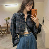 Aiertu Harajuku Crop Plaid Shirts Women Vintage Long Sleeve Loose Sunscreen Blouses Korean Fashion Casual All Match Top Thin Coat Aiertu