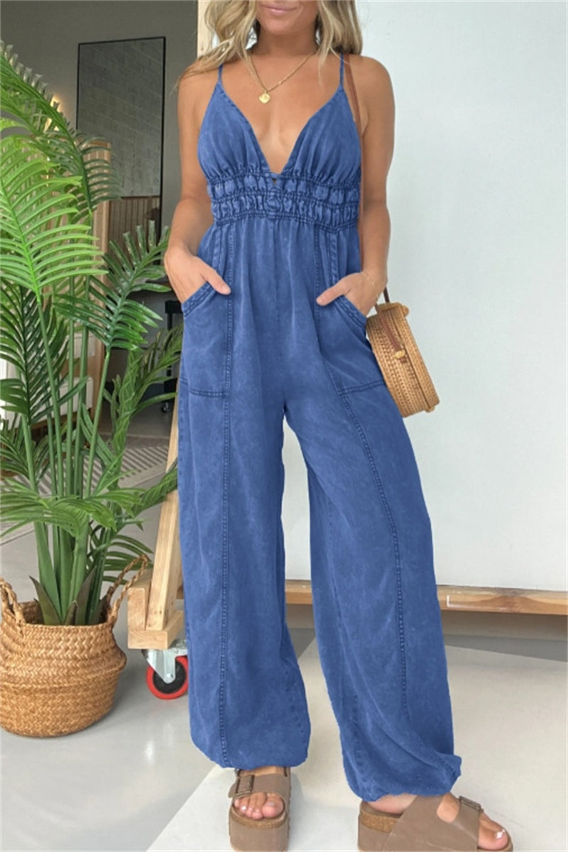 Aiertu - Sexy Casual Solid Color Patchwork Backless Spaghetti Strap Fitted Jumpsuits(5 Colors) Aiertu