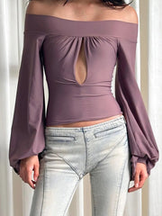 Aiertu - Off-Shoulder Slim Sexy T-shirt Tops Hollow Out Long Sleeve Patchwork Solid Fashion Elegant New Fema T-shirt Tops 2025 Aiertu
