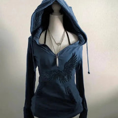 Aiertu - Y2K Retro Gothic Print Pattern Blue Lamb Wool Hoodie Autumn winter Hot Girl Slim Warm Harajuku Millennium Street Casual Hoodie Aiertu
