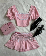 Aiertu - Gothic Women's Two-Piece Bow Pink Low-Waisted Mini Skirt Y2K New Harajuku Kawaii Low-Waisted Blouse Casual Joker Street Wear Aiertu