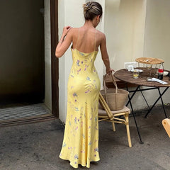 Aiertu - Low Cut Spaghetti Strap Sleeveless Floral Print Backless Slim Fit Maxi Dress Summer Trendsetter Streetwear Vestidos Aiertu