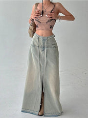 Aiertu - Streetwear Denim Long Skirt Women Summer Korean Fashion Y2k Split Design Vintage Skirts Sexy Patchwork Chic High Waist Aiertu