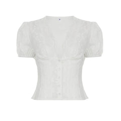 Aiertu - Y2K Bow Textured Waist Cinching Shirts Women Summer Puff Sleeve V-Neck Cardigan Tops Cutecore Button-Fly Girls Blouse Aiertu