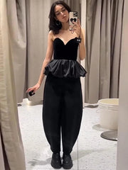 Aiertu - Sexy Velvet Patchwork Women Tank Strapless Sleeveless Backless Female Dresses 2025 Fashion Ruffle Hem Spring Fashion Lady Tops Aiertu