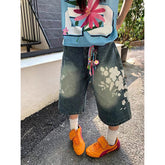 Aiertu - Y2k Baggy Vintage Blue Jorts Women High Waist American Streetwear Wide Leg Knee Length Jeans Casual Loose Summer Denim Shorts Aiertu