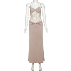 Aiertu - Women Sexy Sheer Lace Mesh Patchwork Knot Camisole Bodycon Maxi Party Dress Ruched Spaghetti Straps Backless Clubwear Long Robe Aiertu