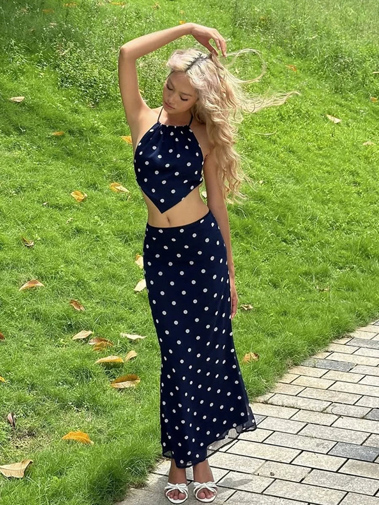 Aiertu - Sexy Polka Dot Print 2-Piece Set Women Halter Bandage Halter Backless Sleeveless Mini Tops+Straight Skirt Matching Suit Aiertu