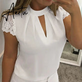 5XL Large Size New Women Sexy Lace White Blouse Shirt Ladies Short Sleeve V-neck Casual Slim Chiffon Shirts Blusas Top Mujer Aiertu
